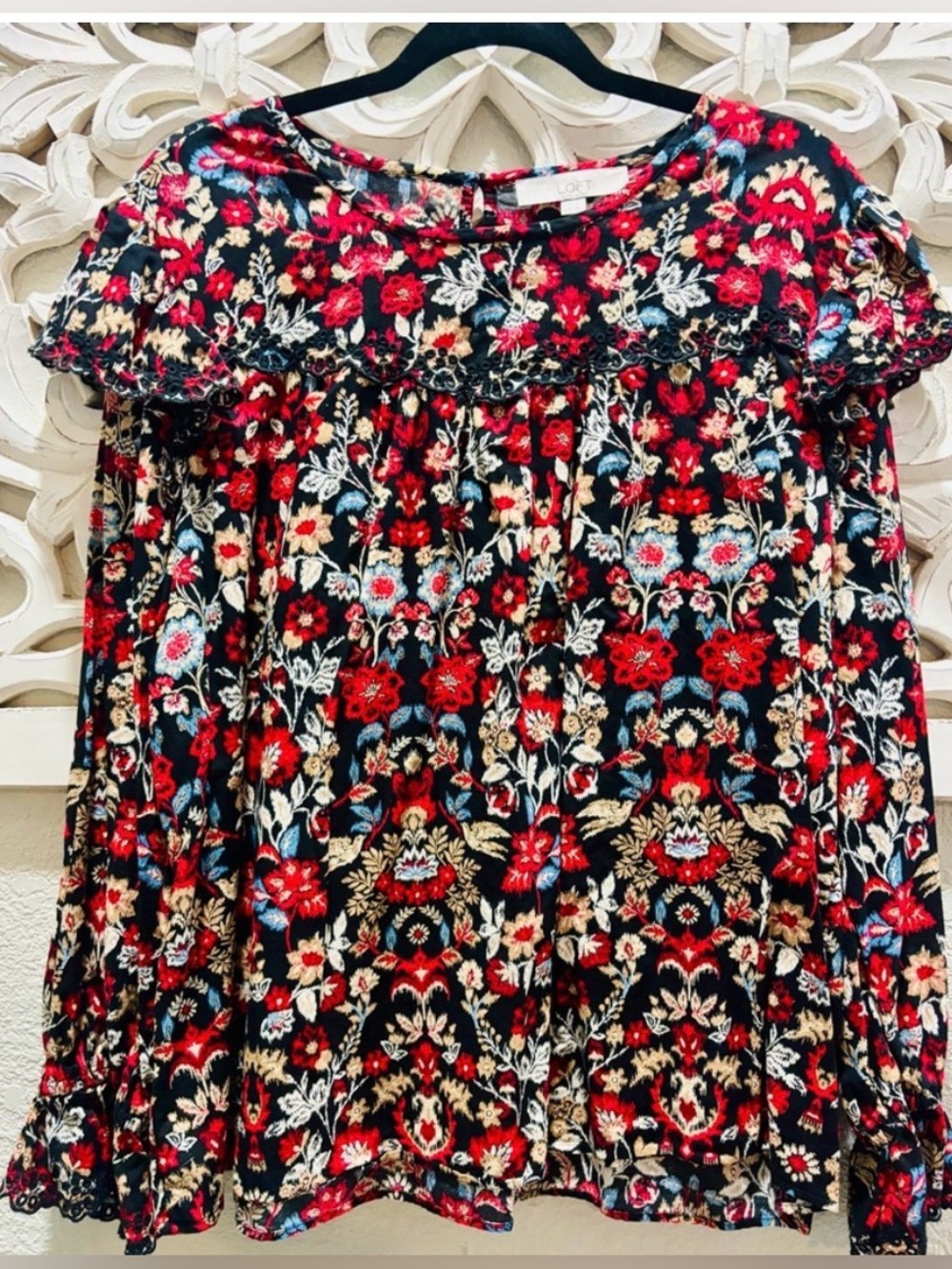 LOFT Black Floral Ruffle Eyelet Long Sleeve Blouse - Picture 2 of 9